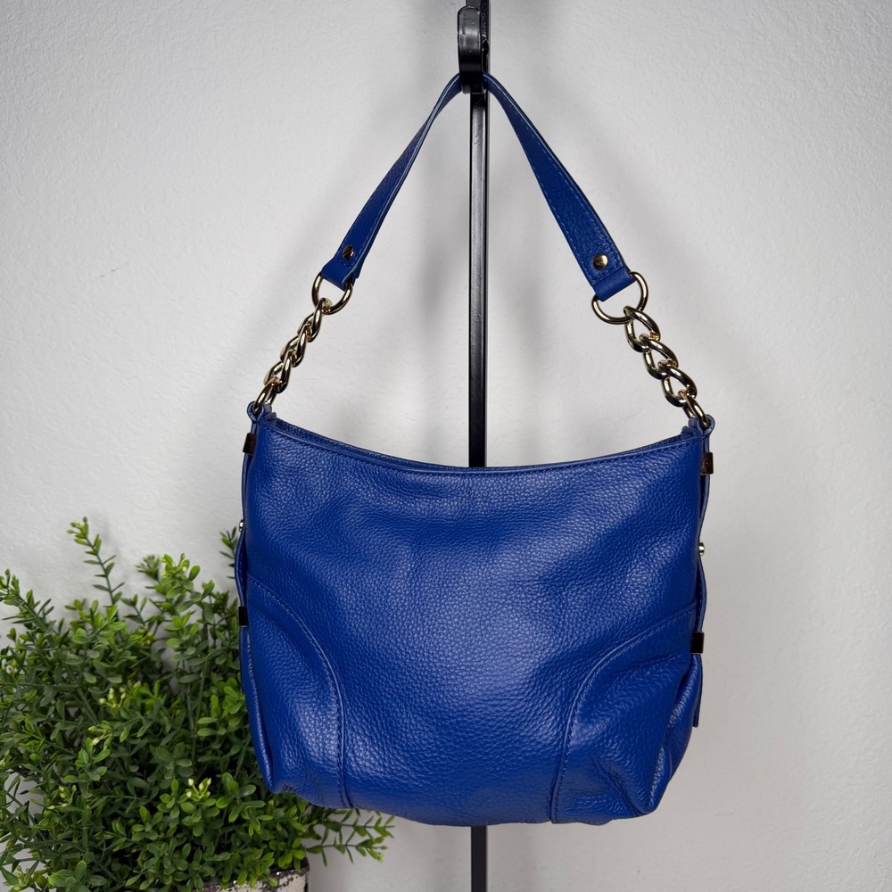 Michael Kors Hobo Bag Womens Blue Pebbled Leather Gold Chain Chic Medium